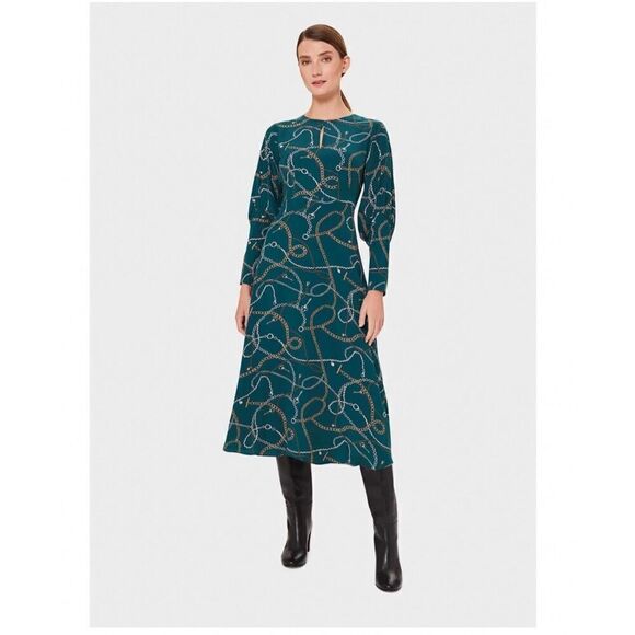 Hobbs London Women’s Angela Chain Print Leaf Green Long Sleeve Empire Midi Dress